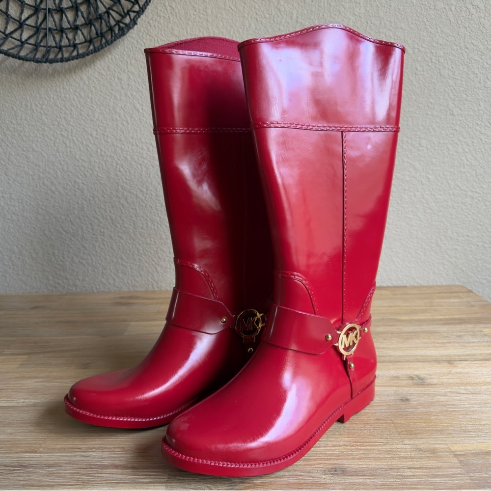 Michael Kors Women's Fulton Harness Red Tall Rubber Rain Boots Size 9 - Picture 2 of 10